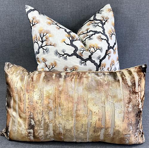 Luxury Lumbar Pillow - 24" x 14" - Bonbons - Caramel;  Caramel, copper and gold, with hints of plum in a light iridescent fabric on top  of a stone base