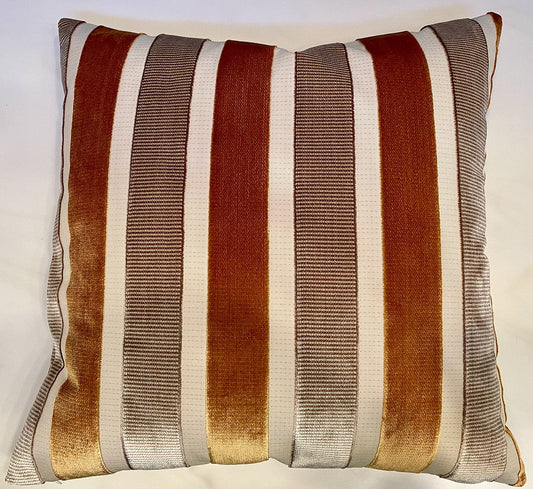 Luxury Pillow 24” x 24” - Caramel Latte; elegant velvet stripes of Carmel, taupe and cream on a flat ivory background on both sides.