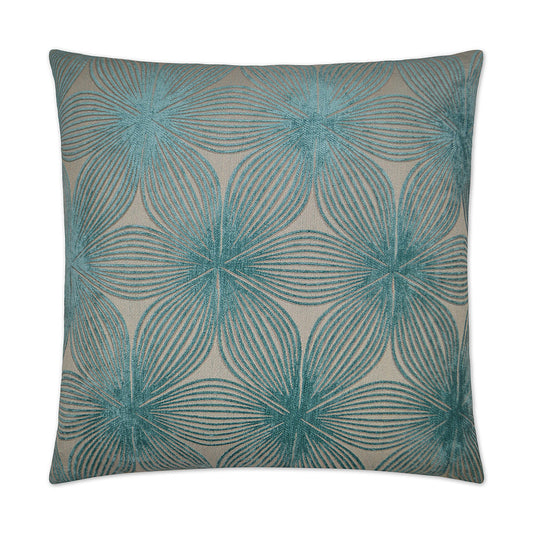 Luxury Pillow -  24" x 24" -  Ellery- Aqua; Aqua florals embroidered on sand base