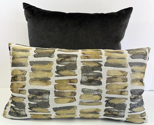 Luxury Lumbar Pillow - 24" x 14" - Palisades Lumbar-Golds & Grays in an abstract design over an off white background